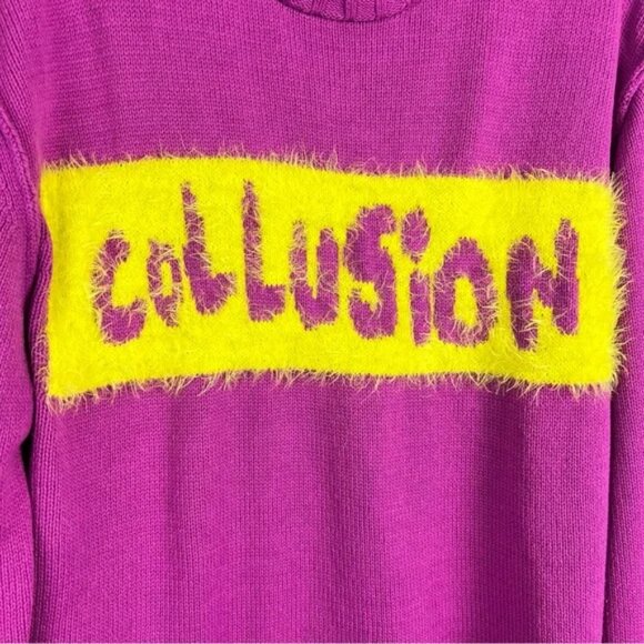 Collusion Unisex Logo Knit Sweater Size L Fuzzy Graphic Front - Picture 3 of 8